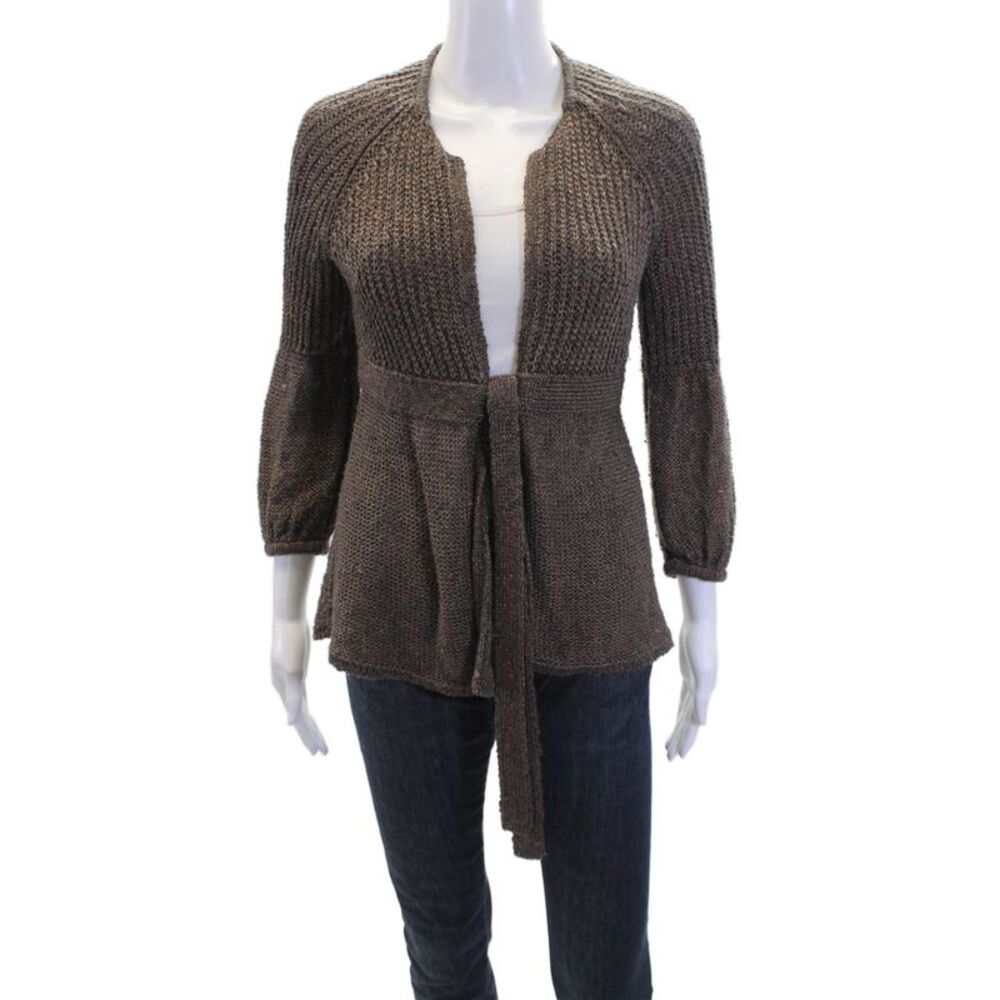 Designer Women's Long Sleeves Round Neck Tie Waist Cardigan Brown Size S